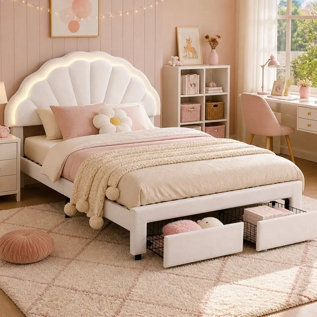 Double Bed Frame with Storage Drawers LED Headboard Upholstered Platform White 155W x 200L x 122H cm