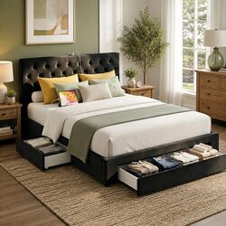 Double Bed Frame with Storage Drawers and Charging Station