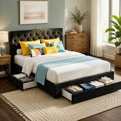 Upholstered King Bed Frame with Storage and Charging Features