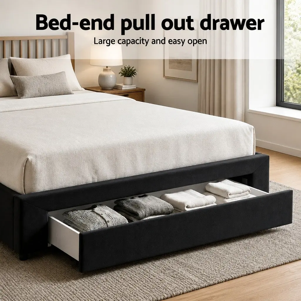 Upholstered King Bed Frame with Charging Station USB Type-C and Storage Drawers Black 195W x 222L x 110H cm