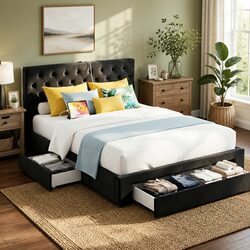 Queen Bed Frame with Storage Drawers and USB Charging