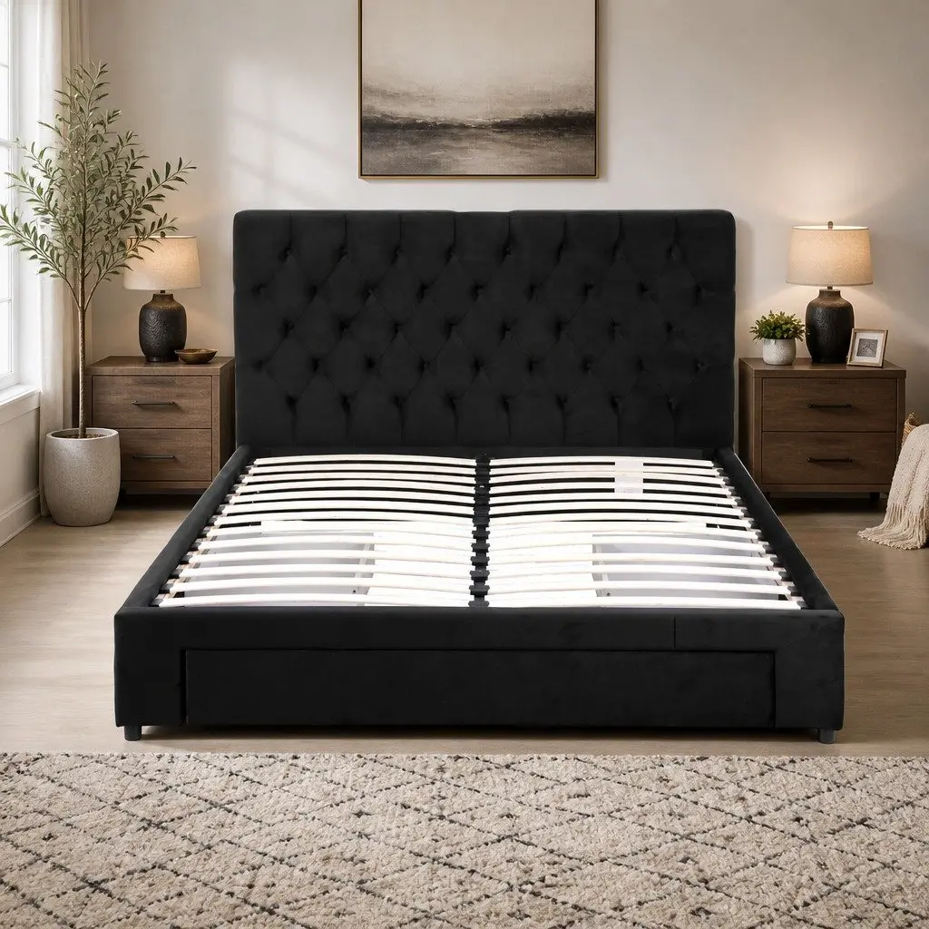 Upholstered Bed Frame Queen Size with Storage Drawers and Charging Station in Black Velvet