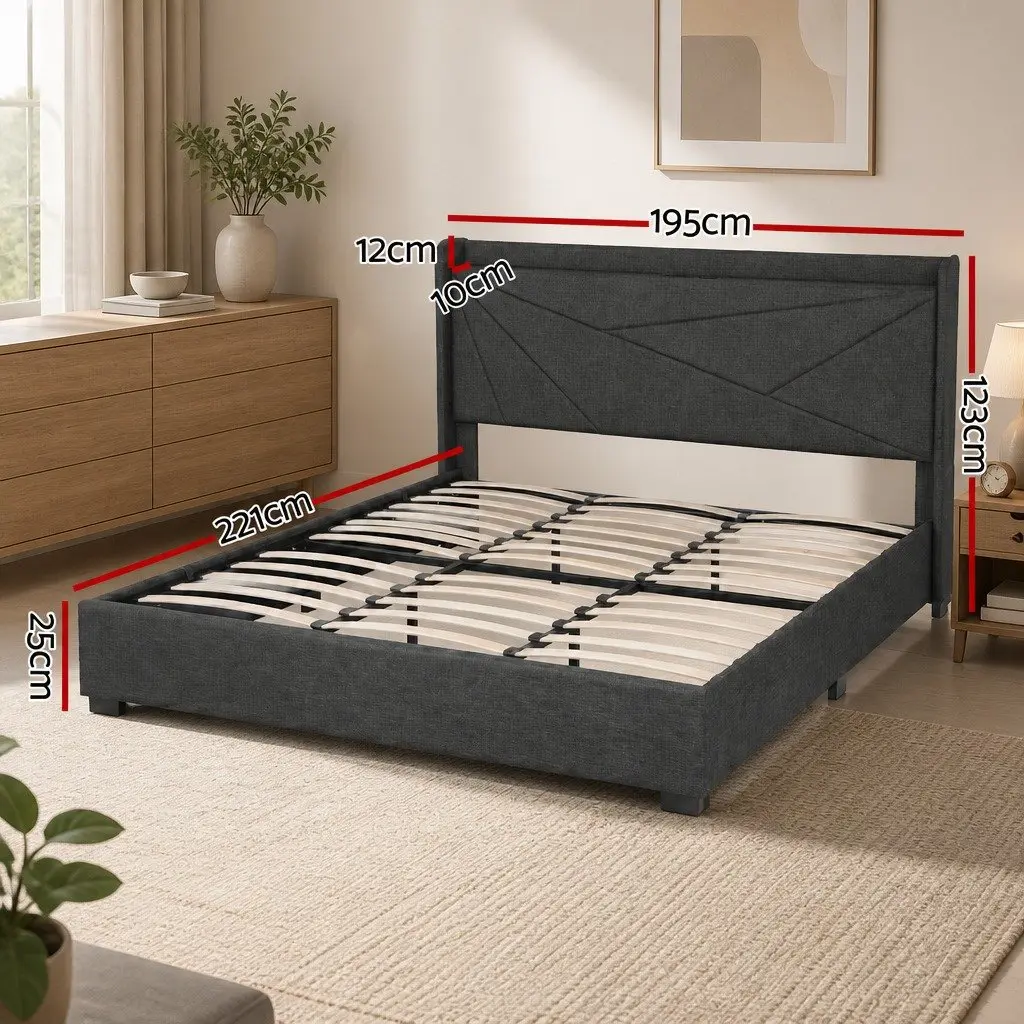 King Bed Frame Gas Lift Storage Upholstered Charcoal Grey