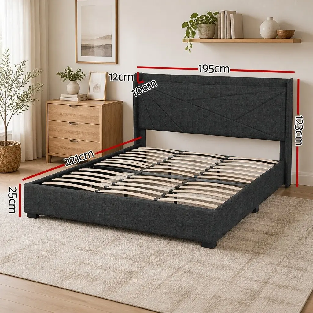 King Bed Frame Gas Lift Storage Upholstered Charcoal Grey