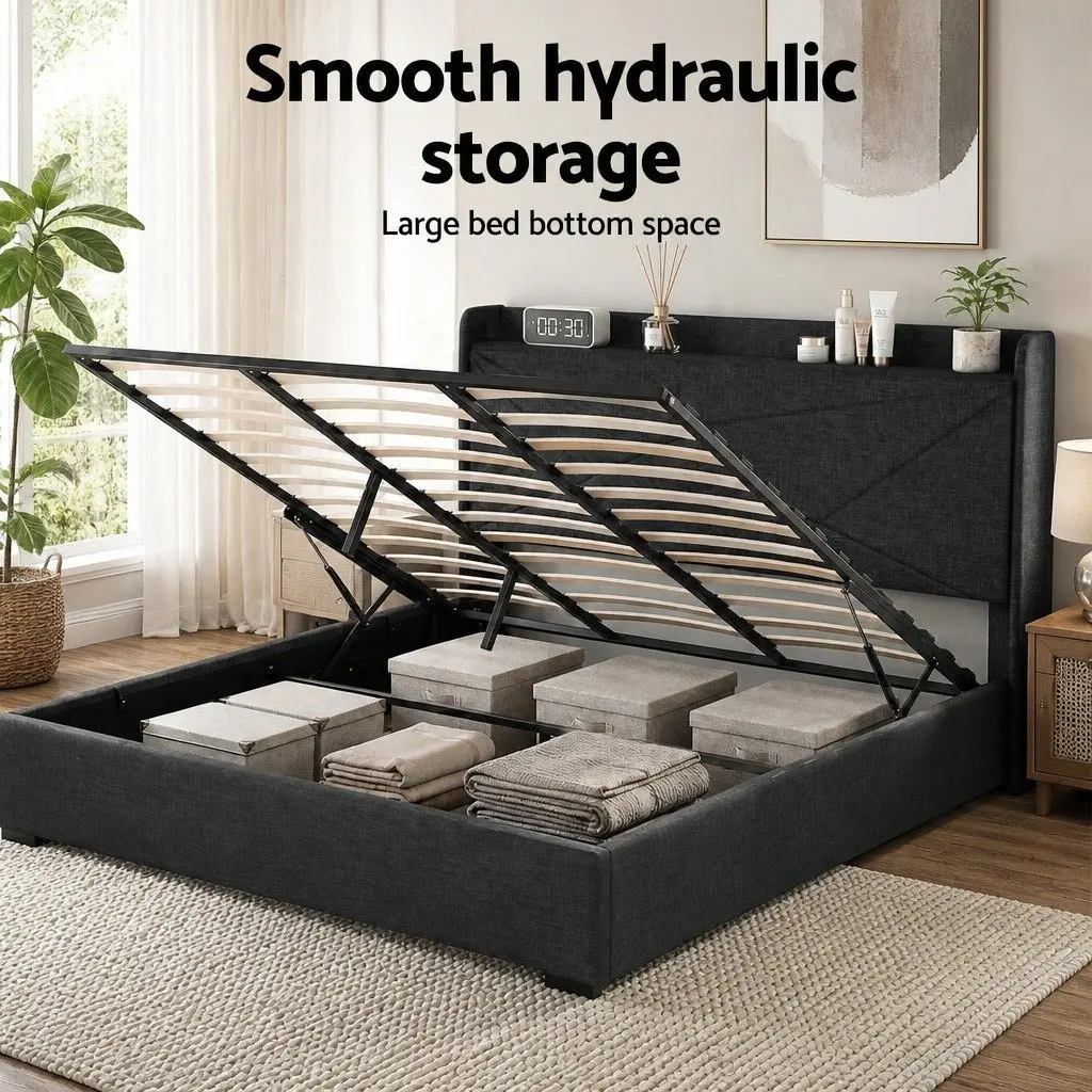 King Bed Frame Gas Lift Storage Upholstered Charcoal Grey