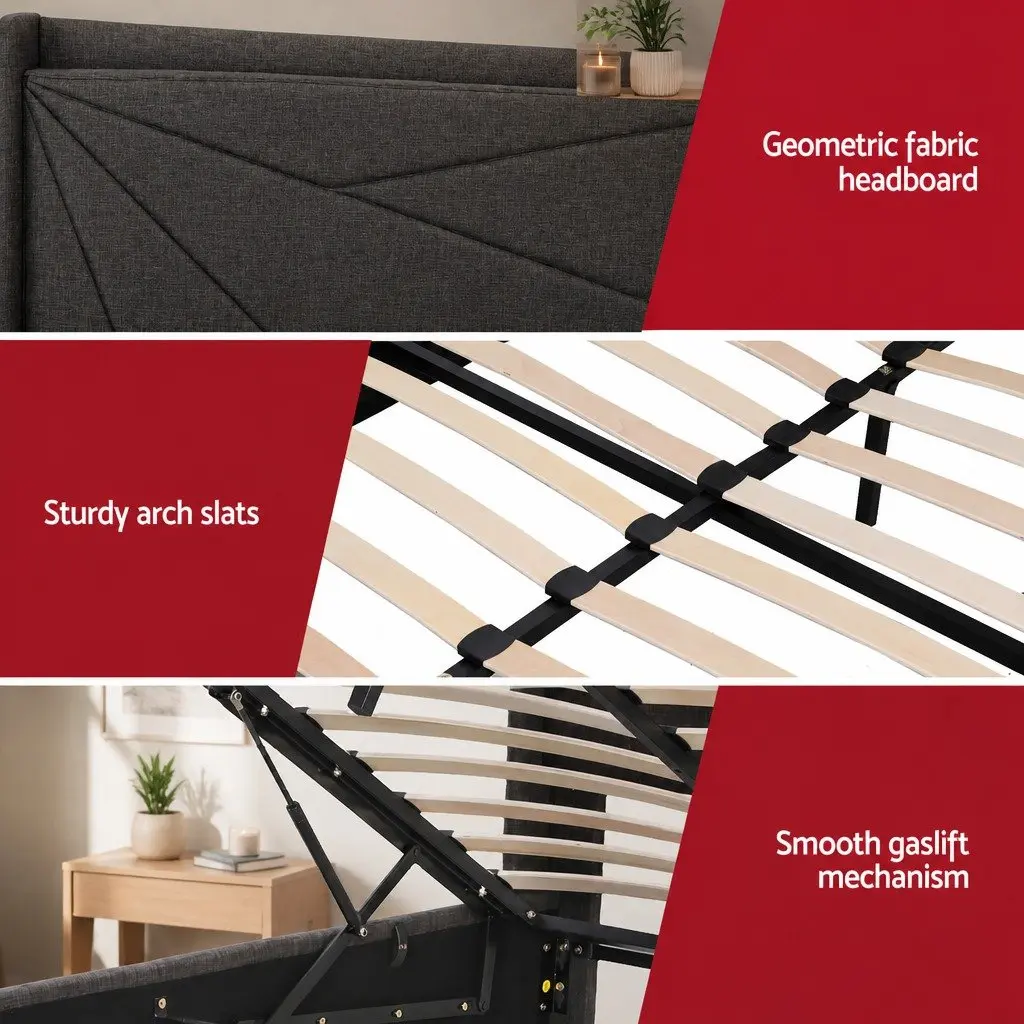 King Bed Frame Gas Lift Storage Upholstered Charcoal Grey
