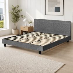 King Size Bed Frame with Grey Upholstered Headboard and Slat Base