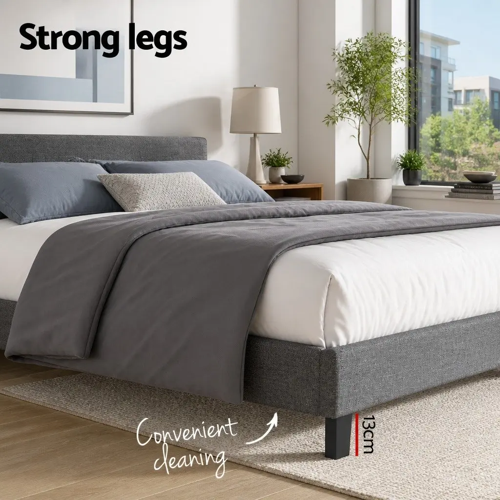 King Size Bed Frame Grey Upholstered Padded Headboard Wood Slat Base