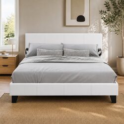 Queen Size Bed Frame in White with Solid Wood Slats
