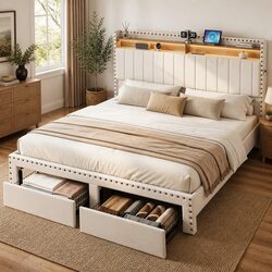 King Upholstered Bed Frame with Storage and Charging Features