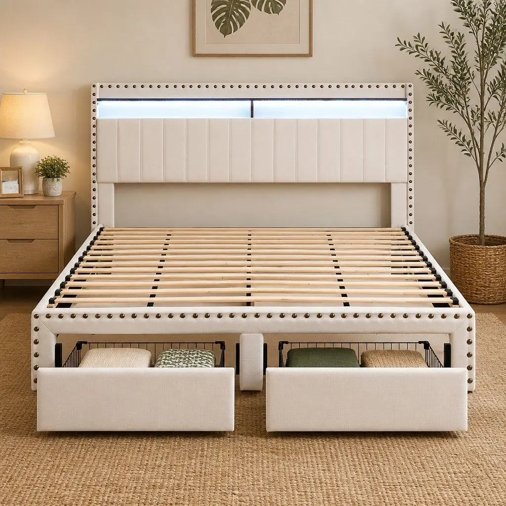 King Upholstered Bed Frame with Charging Station Mood Lighting Storage Drawers