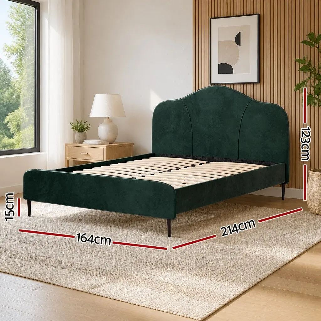 Queen Bed Frame in Dark Green Velvet with Wooden Slats