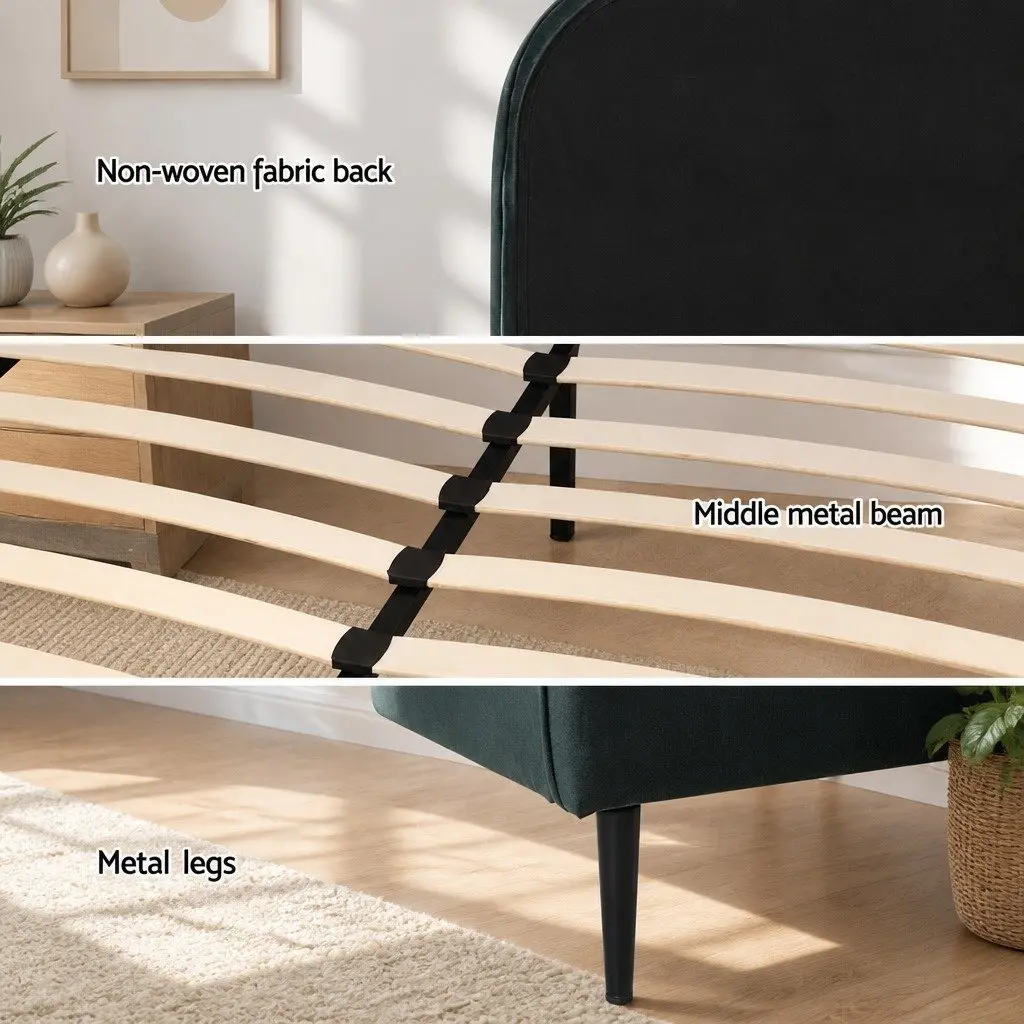 Queen Bed Frame in Dark Green Velvet with Wooden Slats