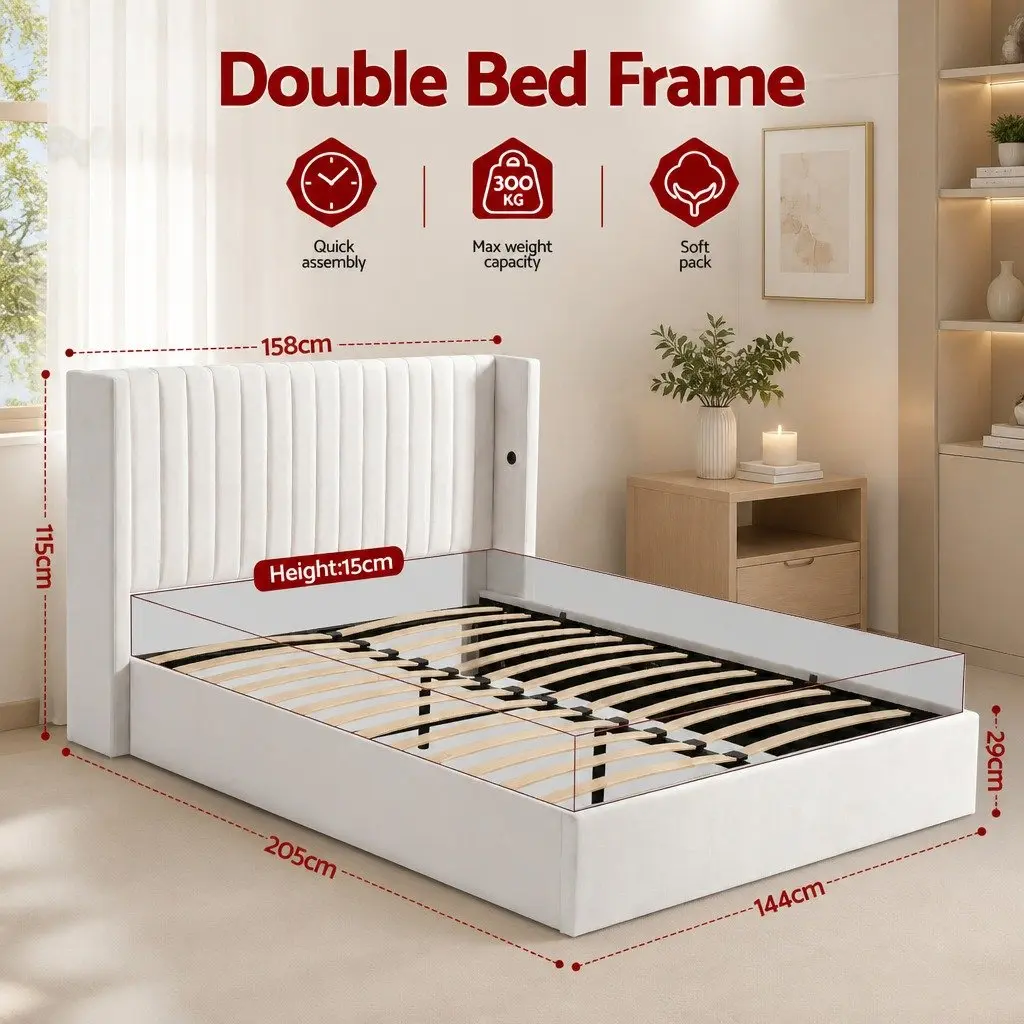Double Bed Frame with Gaslift Storage USB Type-C Charging Ports Velvet White