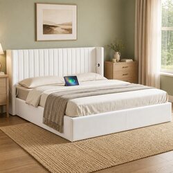 King Bed Frame with Gaslift Storage and Charging Stations