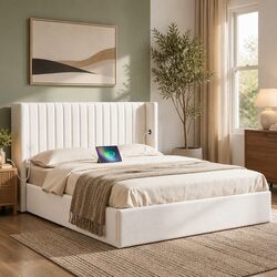 Upholstered Queen Bed Frame with Gaslift Storage and Ports