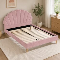 Double Bed Frame in Pink Velvet with Wooden Slat Support