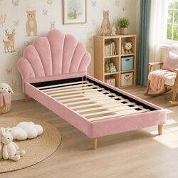 King Single Bed Frame with Scallop Design in Pink Velvet