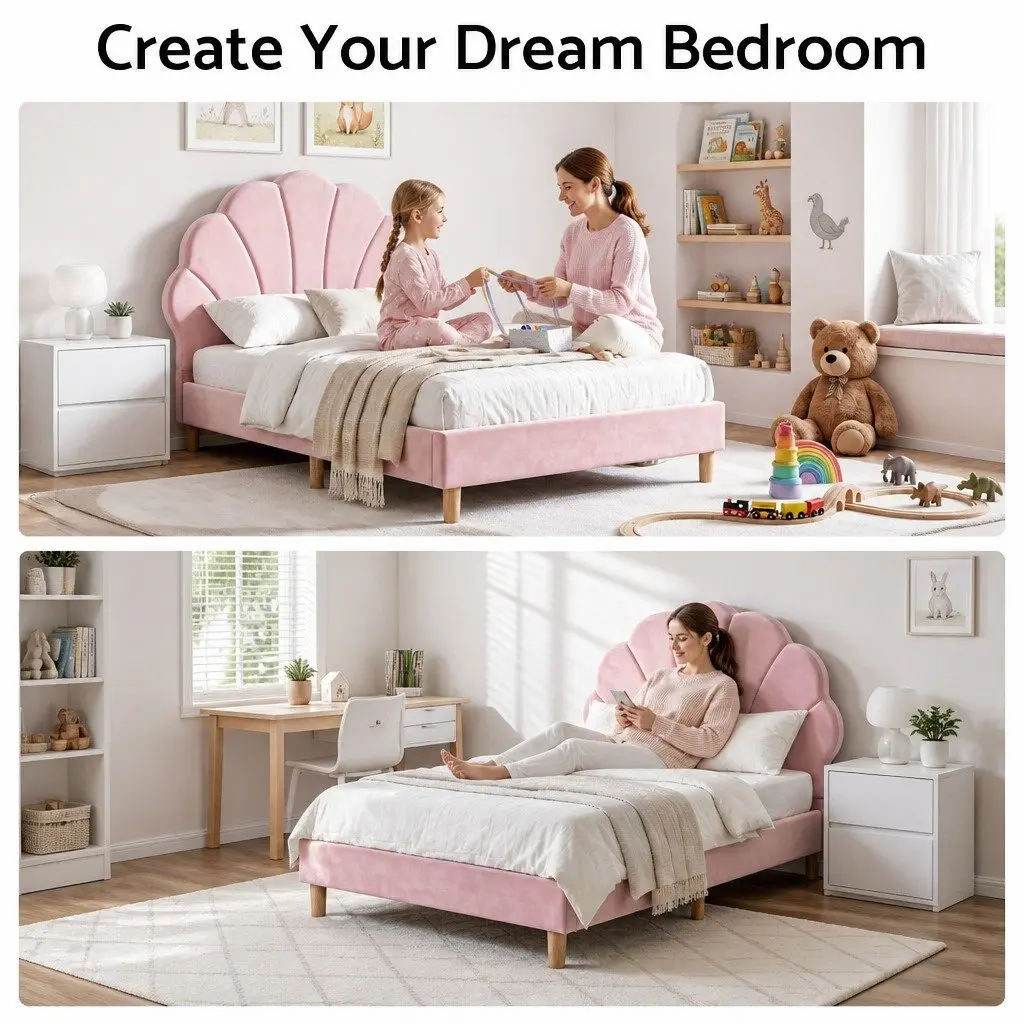 Single Bed Frame with Scallop Headboard and Platform Base