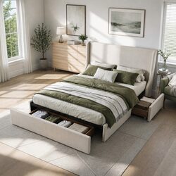 Double Upholstered Bed Frame with Storage and Metal Structure