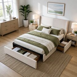 King Bed Frame with Storage Drawers and Wingback Headboard