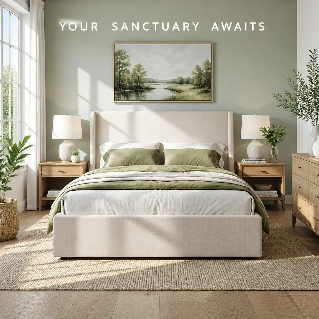 King Upholstered Bed Frame with Storage Drawers Modern Wingback Headboard Beige