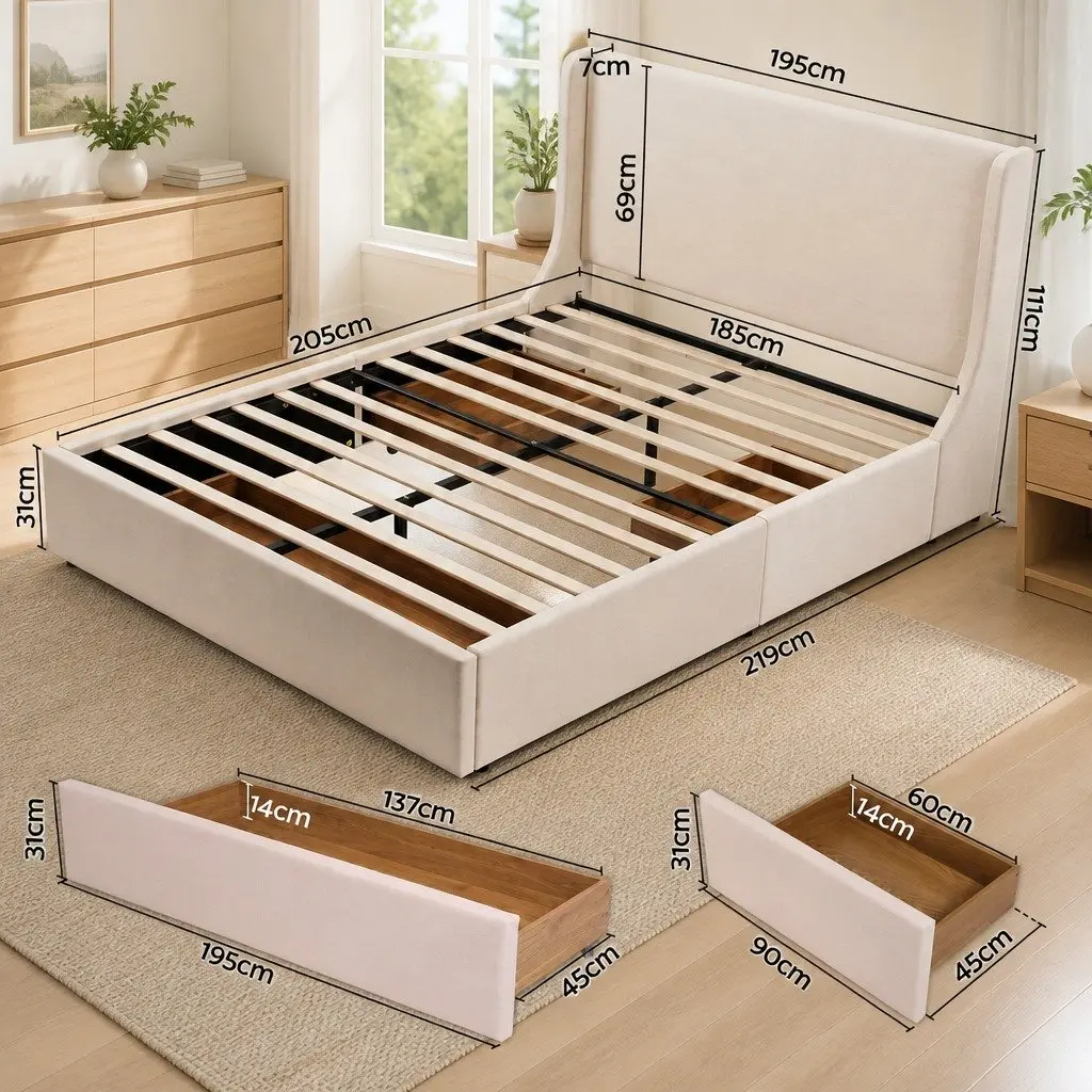 King Upholstered Bed Frame with Storage Drawers Modern Wingback Headboard Beige