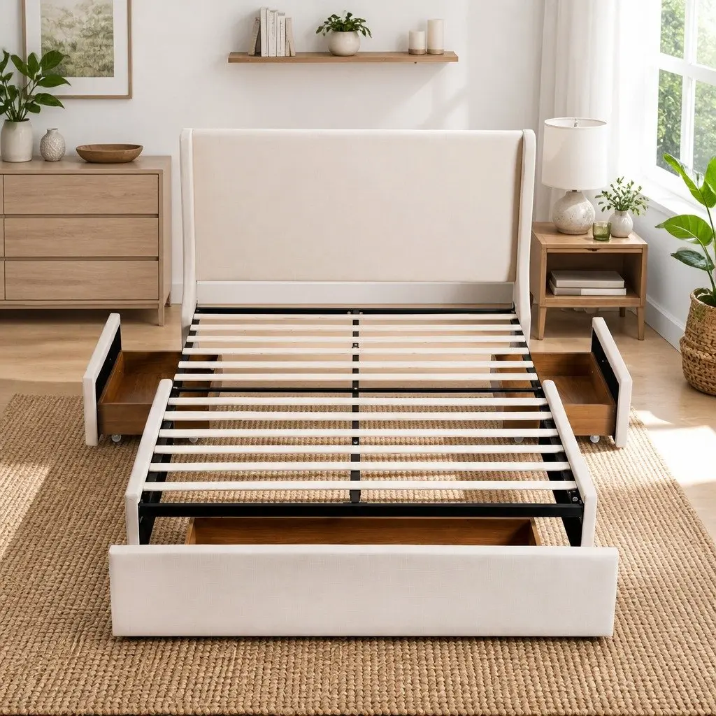 King Upholstered Bed Frame with Storage Drawers Modern Wingback Headboard Beige