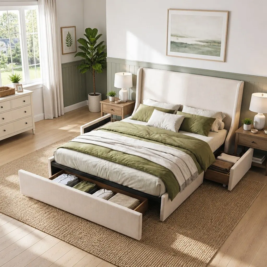 Queen Bed Frame with Wingback Headboard Metal Beige Upholstered with 3 Storage Drawers
