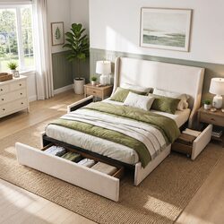 Queen Bed Frame with 3 Storage Drawers and Metal Construction