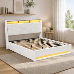 Double Bed Frame with LED Lights and Gas Lift Storage