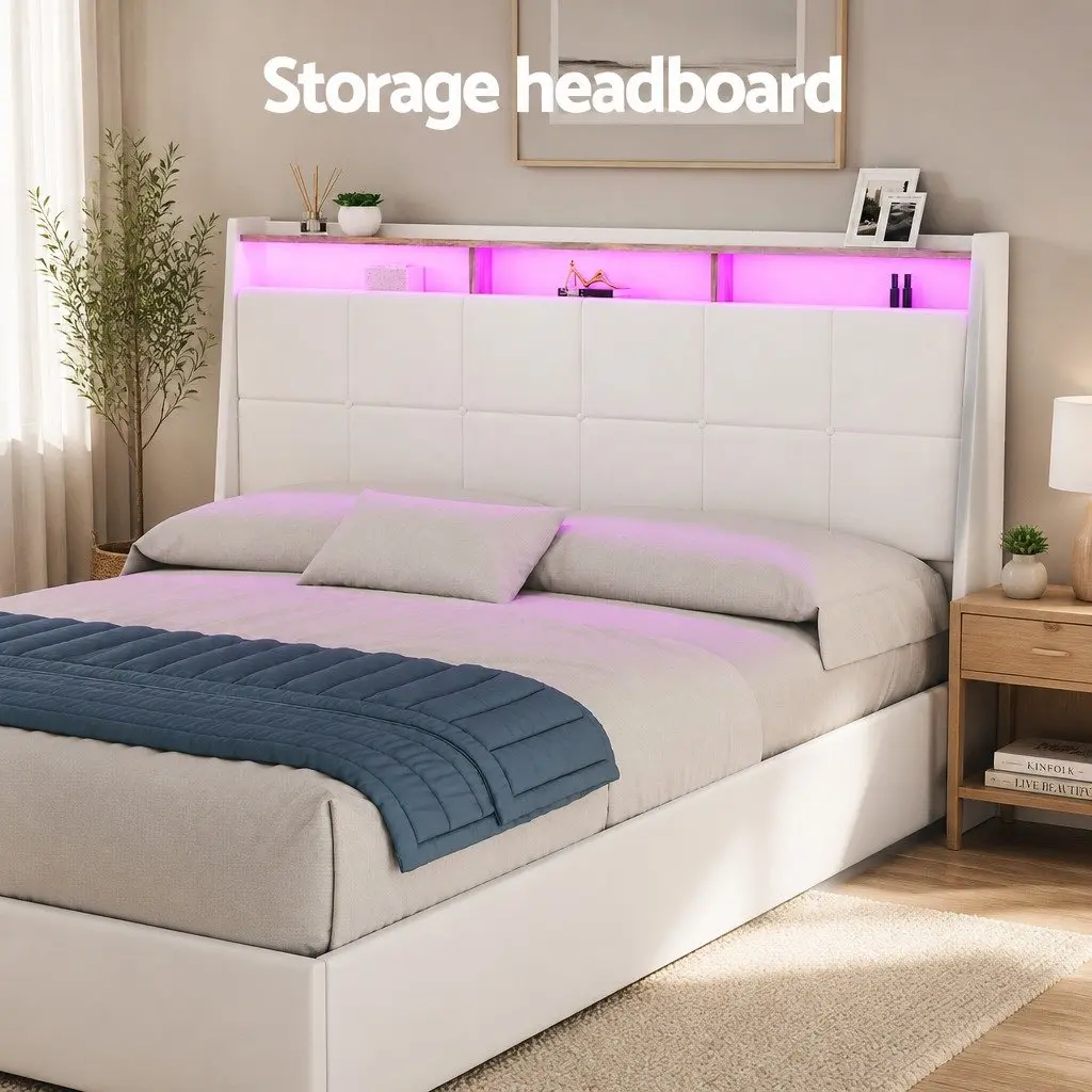 Double Bed Frame Gas Lift Storage LED Lights White 202cm L x 149cm W x 113cm H