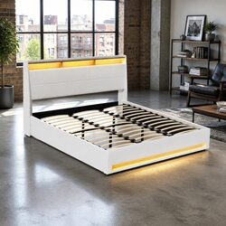King Size Gas Lift Bed Frame with LED Storage and Headboard