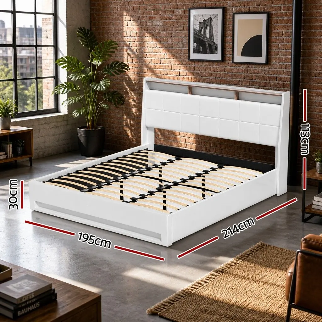 King Size Bed Frame Gas Lift Storage Upholstered Headboard LED Lights White