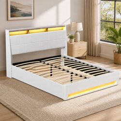 Queen Size Gas Lift Bed Frame with LED Headboard in White