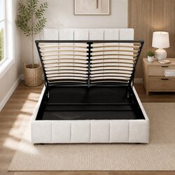Queen Bed Frame with Gas Lift Storage in Beige