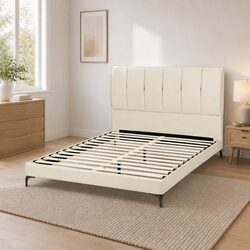 Double Bed Frame with Upholstered Tufted Headboard