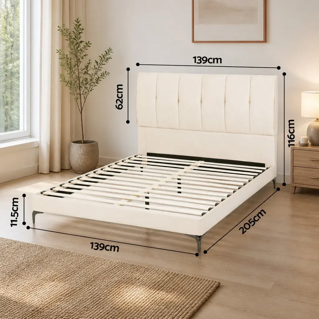 Double Bed Frame Upholstered Tufted Headboard 139cm x 205cm Beige