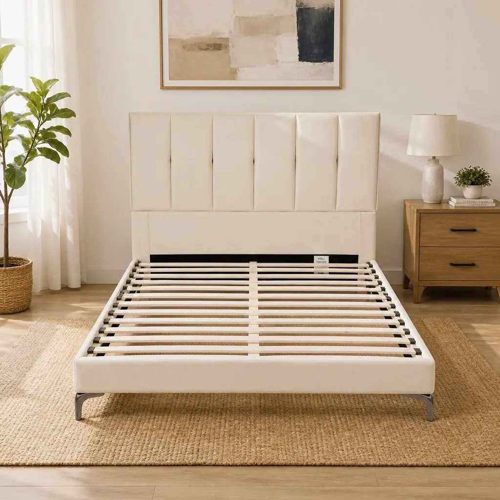 Double Bed Frame Upholstered Tufted Headboard 139cm x 205cm Beige