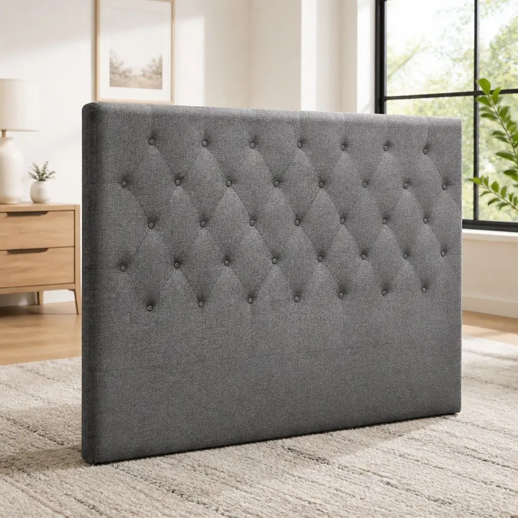 Queen Size Bed Head Headboard Grey Upholstered Button Tufted Design Padded