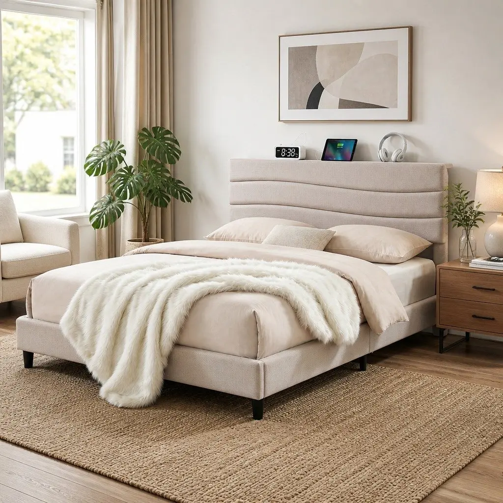 Beige Linen Queen Bed Frame with Platform Base Adjustable Headboard Storage and Charging Ports 156x216x110cm