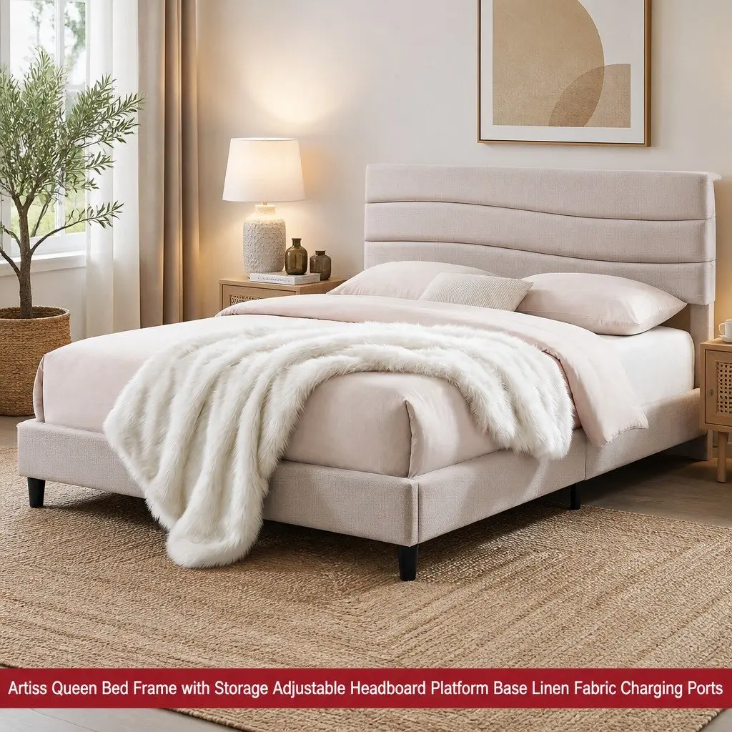 Beige Linen Queen Bed Frame with Platform Base Adjustable Headboard Storage and Charging Ports 156x216x110cm