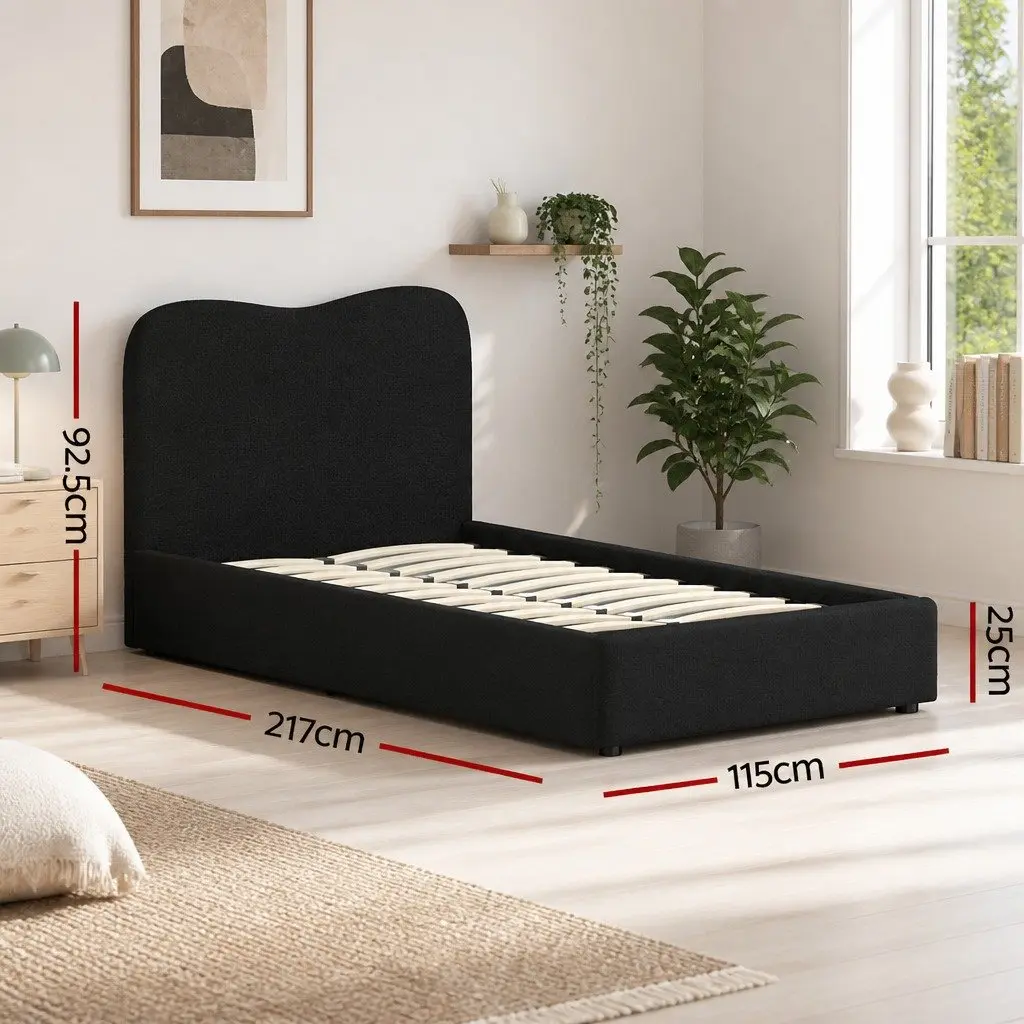 King Single Bed Frame Upholstered Boucle Fabric Padded Headboard Wooden Slat Support Black