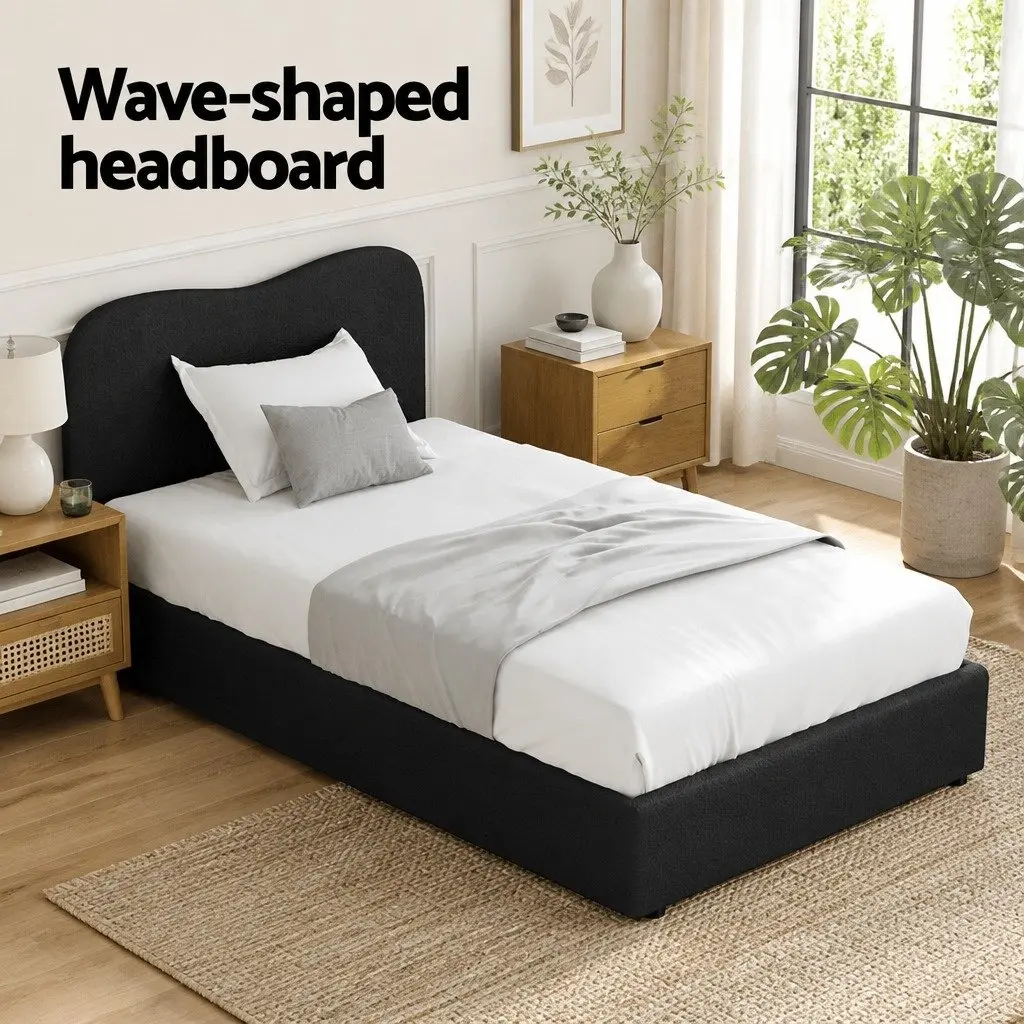 King Single Bed Frame Upholstered Boucle Fabric Padded Headboard Wooden Slat Support Black