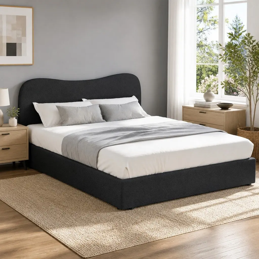 Queen Size Bed Frame Upholstered Boucle Fabric Padded Black