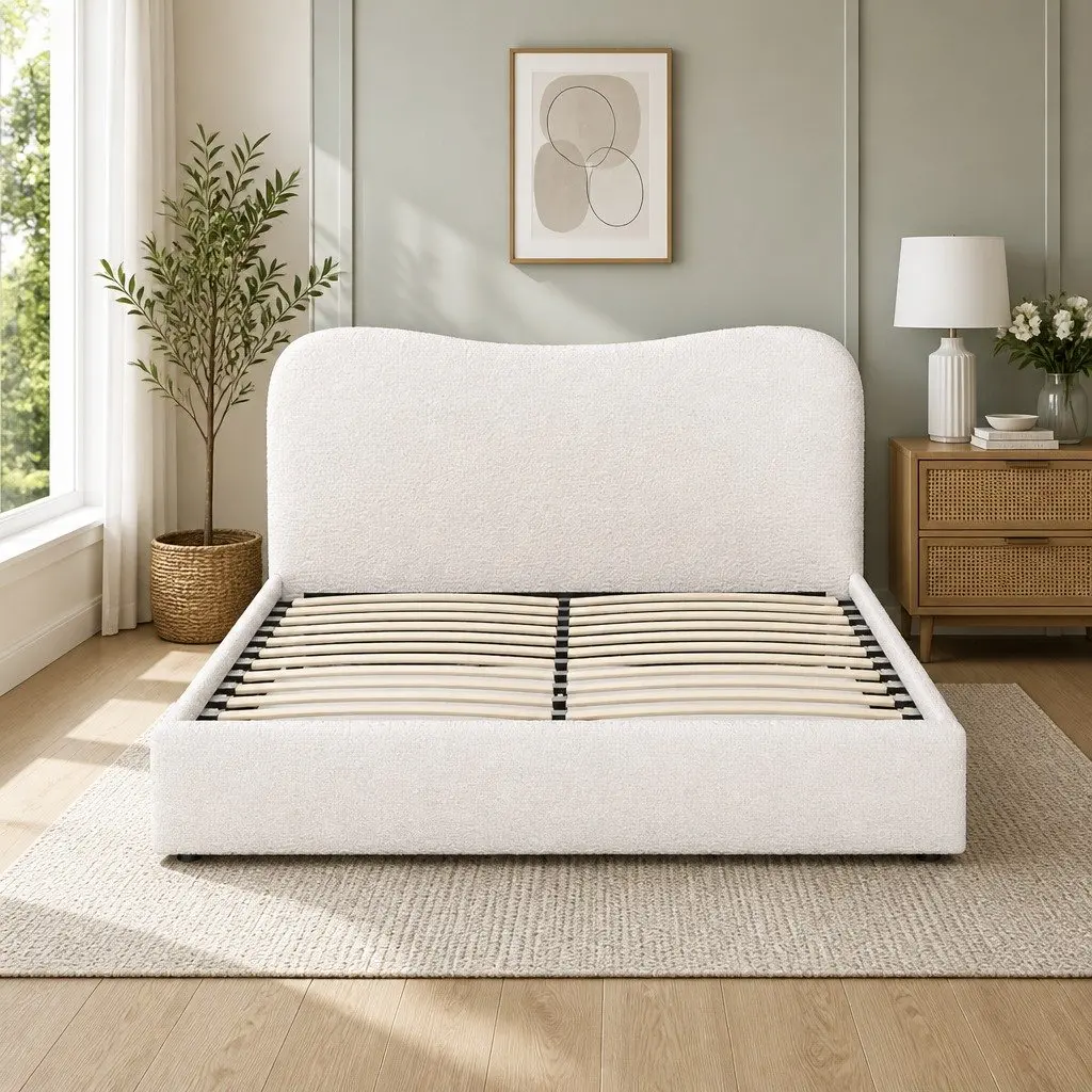Queen Bed Frame Upholstered Boucle Fabric White Padded Headboard Wooden Slat Support
