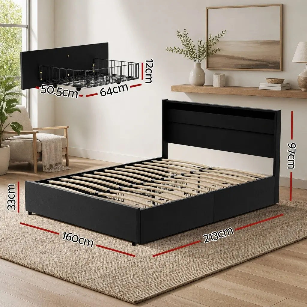 Queen Size Bed Frame with LED Lights Storage Drawers Black Upholstered