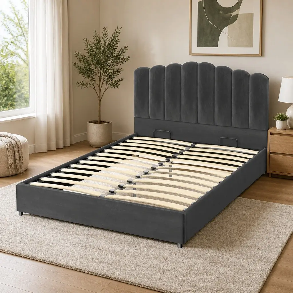 Double Bed Frame Gas Lift Storage Velvet Grey Padded Headboard