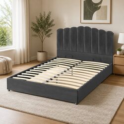 Double Bed Frame in Grey Velvet with Gas Lift Storage