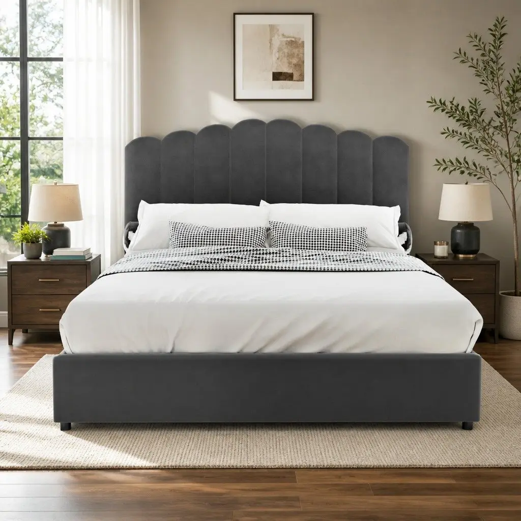 Double Bed Frame Gas Lift Storage Velvet Grey Padded Headboard
